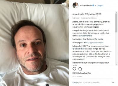 Rubinho Barrichello posta vídeo após sofrer um princípio de AVC