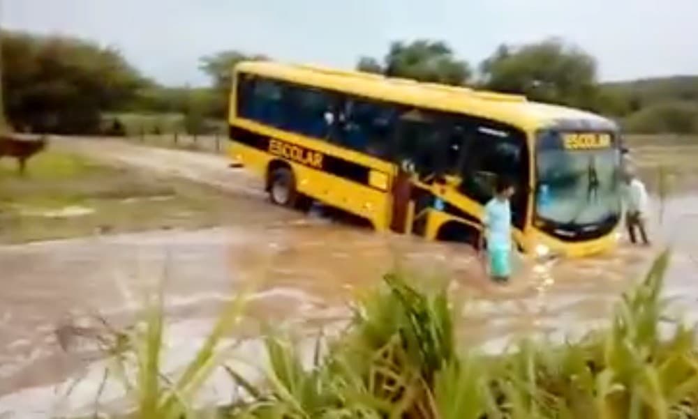 VÍDEO: Motorista de ônibus escolar arrisca vida de crianças ao tentar atravessar riacho no RN, destaca reportagem