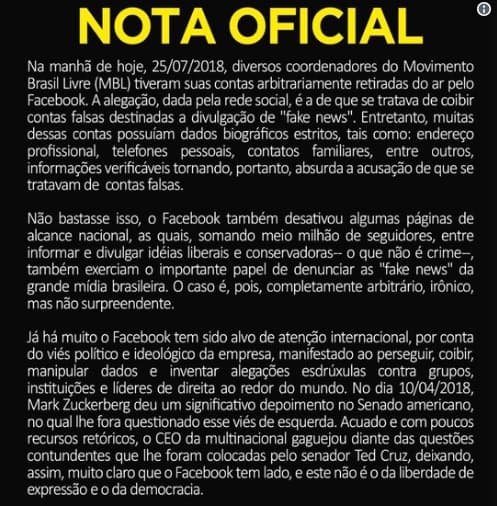 Facebook exclui páginas de ‘rede de desinformação'; MBL fala em ‘censura'
