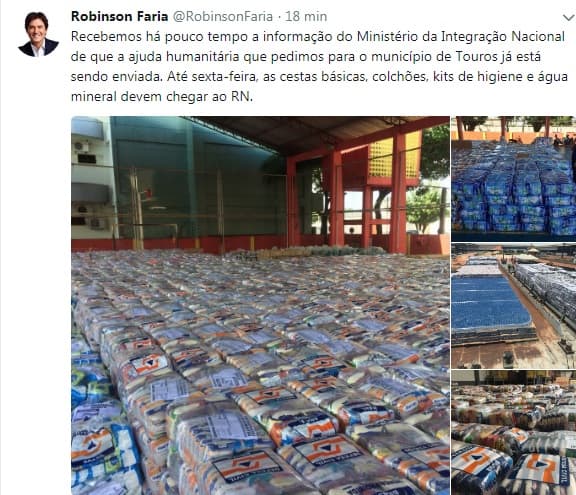 FOTO: Ajuda humanitária do Ministério da Integração Nacional para o município de Touros deve chegar ao RN até sexta