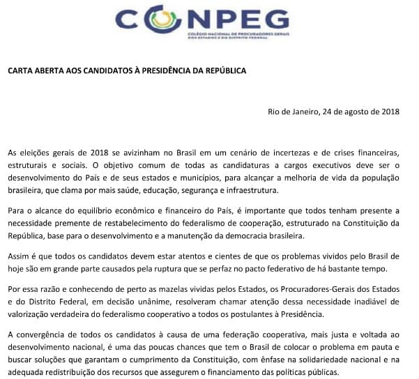 Colégio Nacional de Procuradores Gerais dos Estados divulga Carta Aberta aos Candidatos a Presidente da República