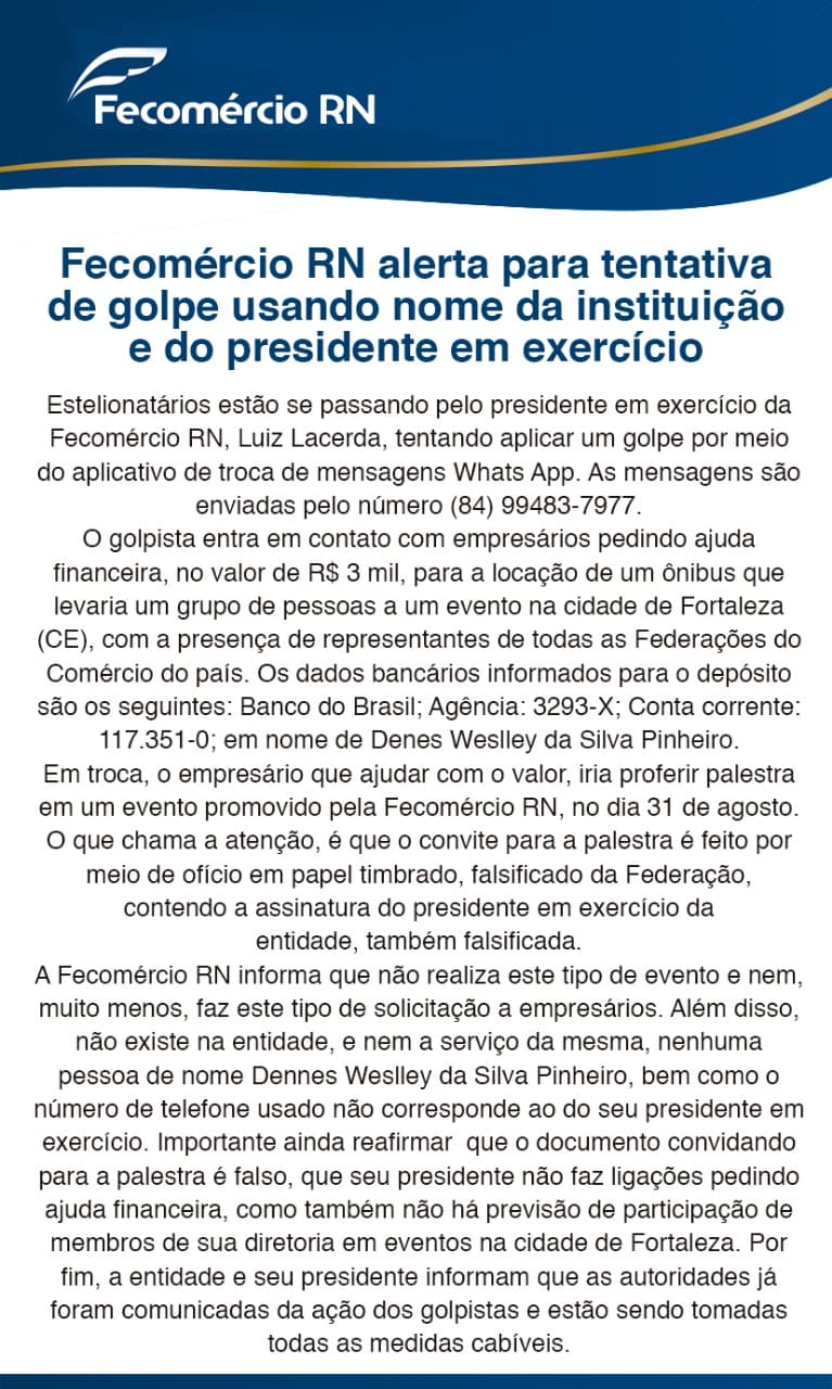 Fecomércio RN alerta para tentativa de golpe usando nome da instituição e do presidente em exercício