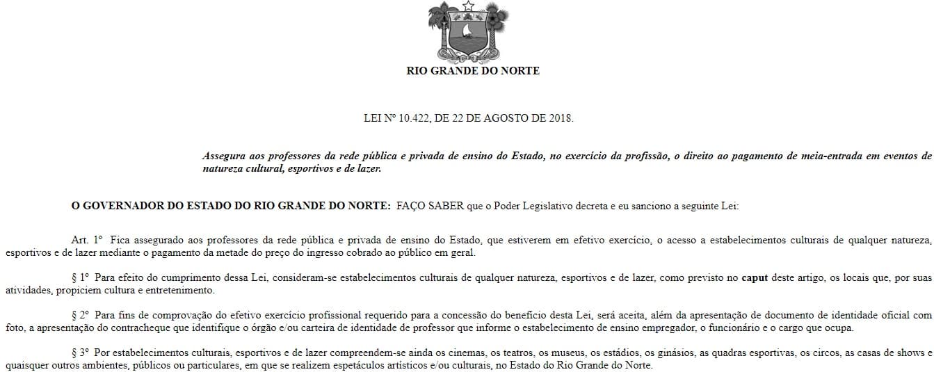 Lei permite que professores do RN paguem meia entrada em eventos culturais; veja documento no Diário Oficial