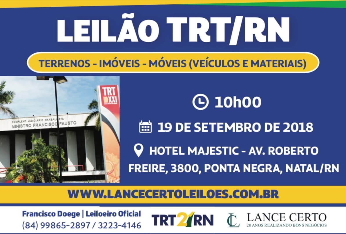 TRT-RN realiza leilão em Natal com mais de 20 lotes; imóveis, veículos e diversas opções
