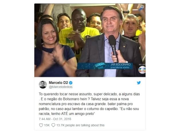Rapper Marcelo D2 é acusado de racismo após chamar deputado de "Negão do Bolsonaro" e citar "nomenclatura pro escravo da casa grande"