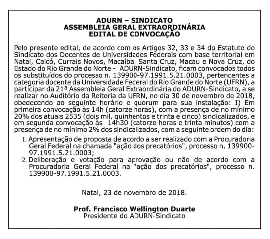 Precatórios: Assembleia na UFRN para definição sobre acordo acontece nesta sexta-feira; espera de 27 anos de docentes perto do fim