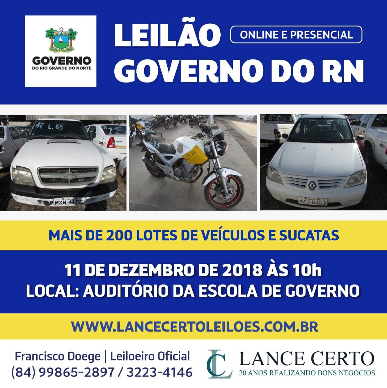 Governo do RN, através da SEARH, realiza leilão dia 11 com um imóvel na Hermes da Fonseca e mais de 200 lotes entre veículos, sucatas e materiais