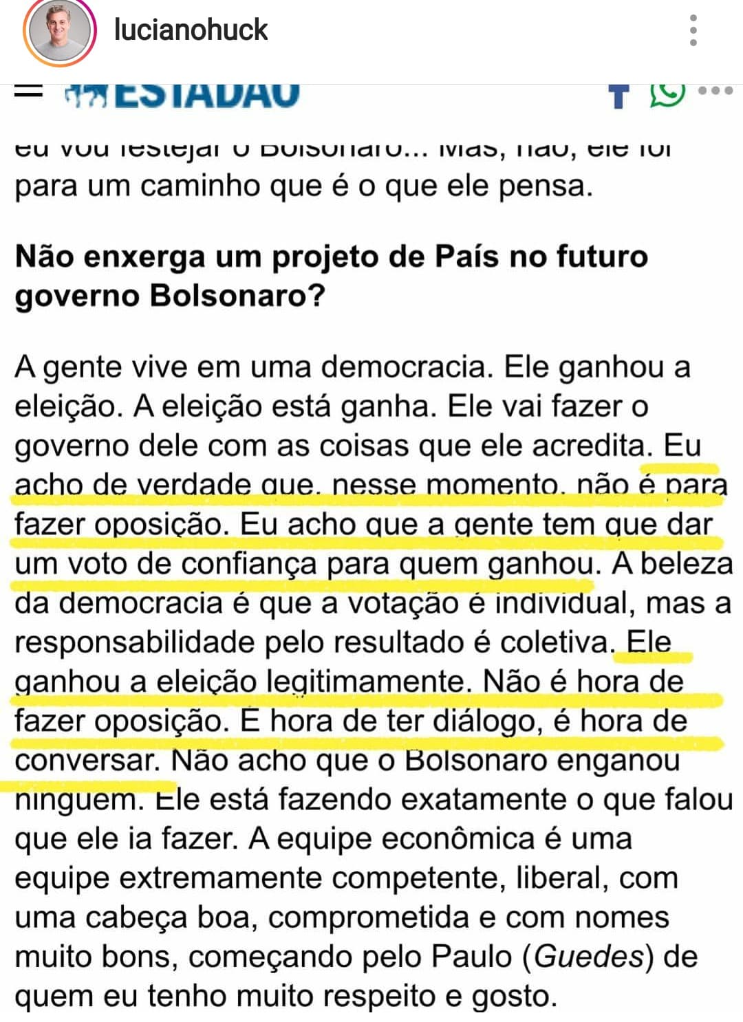 APÓS NOTÍCIAS DETURPADAS: Luciano Huck mostra opinião sobre o presidente eleito Jair Bolsonaro, e diz que tem gente que segue querendo ver o país dividido