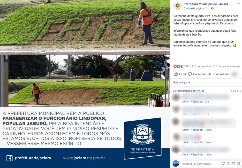 FOTO: Funcionário escreve ‘Felis Natal' em canteiro de cidade de MT e prefeitura o elogia em post após críticas da população