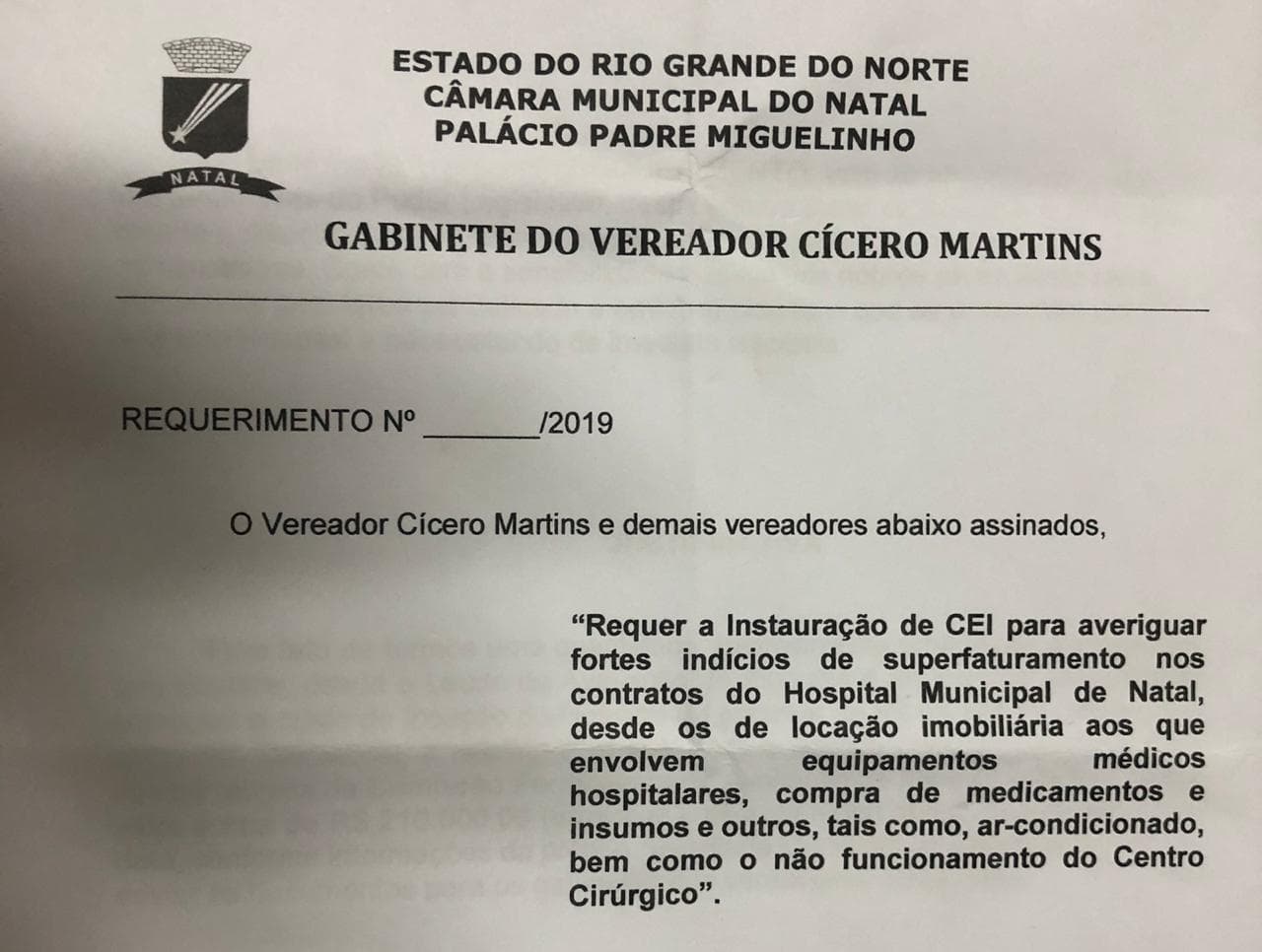VÍDEO: Vereador faz requerimento de instauração de CEI para averiguar indícios de superfaturamentos em contratos do Hospital Municipal de Natal