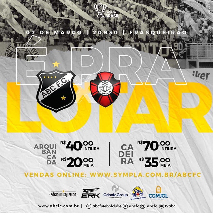 ABC convoca torcida para lotar o Frasqueirão em duelo de jogo único contra o Moto Club-MA, pela Copa do Brasil, nesta quinta; veja valores de ingressos e pontos de venda