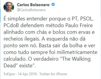 MAIS UM BOLSONARO: Carlos Bolsonaro também desconhece papel de Paulo Freire e insinua que quem defende gosta de drogas e coisas ilegais