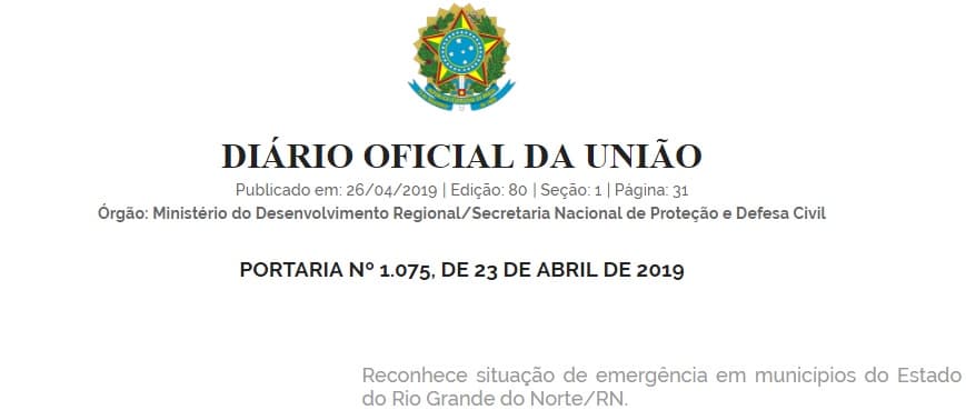 Governo Federal reconhece situação de emergência pela seca em 144 municípios do RN; veja lista no Diário Oficial da União