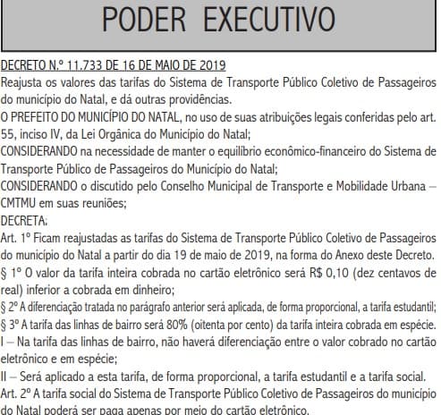 Nova tarifa do transporte público de Natal entra em vigor no domingo