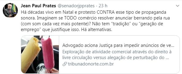 Mencionando caso do picolé caseiro e ainda Natal Cap, senador Jean Paul Prates(PT-RN) esbraveja contra propagandas sonoras pelas ruas de Natal