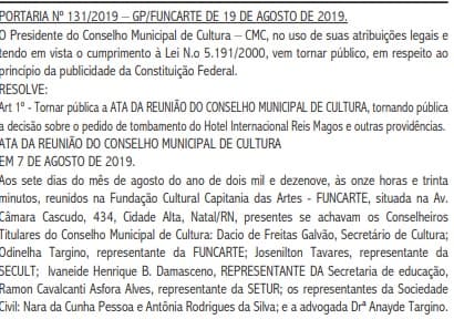 Conselho Municipal de Cultura aprova demolição do Hotel Reis Magos; veja ata publicada no Diário Oficial do Município