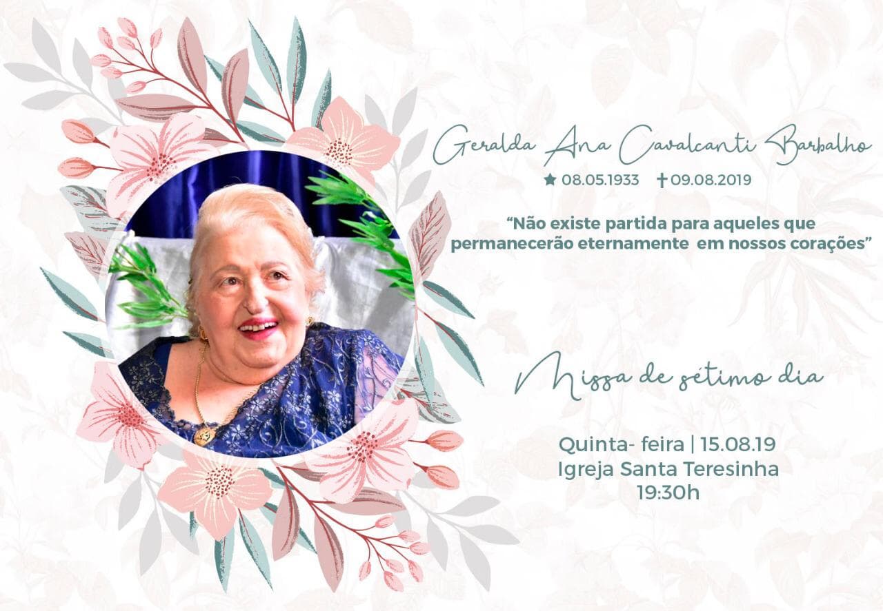 Missa de sétimo dia de dona Geralda Ana Cavalcanti Barbalho ocorre na noite desta quinta