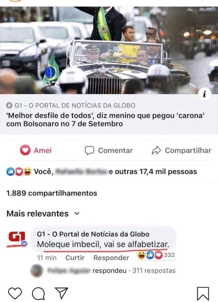 “Moleque imbecil, vai se alfabetizar”, comenta G1 em foto de garoto com Bolsonaro