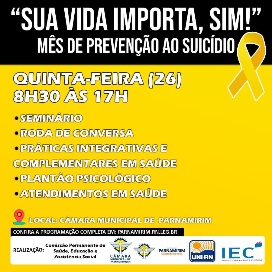 Câmara Municipal de Parnamirim elabora programação alusiva à prevenção ao suicídio