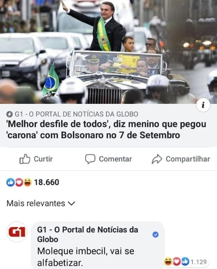Advogados repudiam ofensa em rede social do portal G1 a menino que desfilou com Bolsonaro