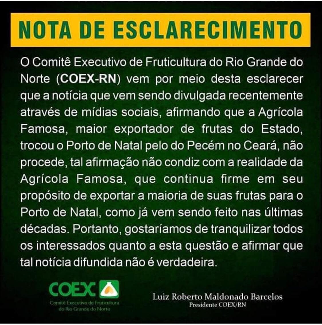 Comitê Executivo de Fruticultura do RN emite nota de esclarecimento