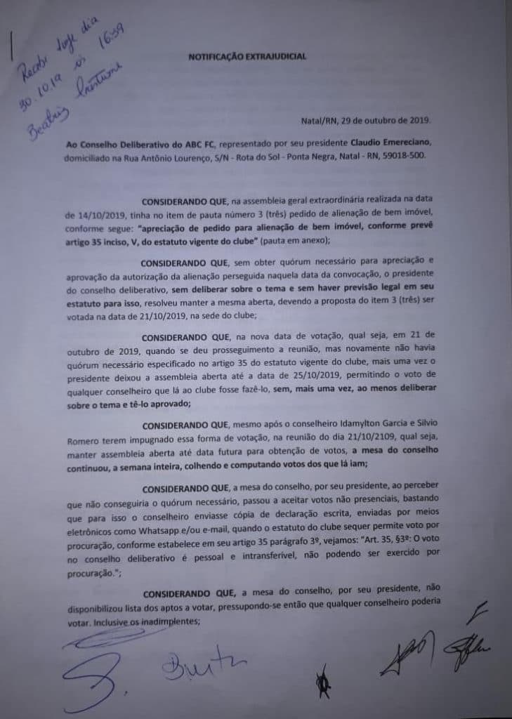 Conselheiros do ABC alegam desrespeito ao estatuto e pedem anulação da venda de terreno da Vila Olímpica