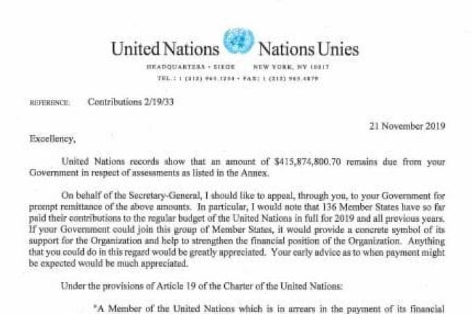 ONU cobra R$ 1,7 bi do Brasil e ameaça tirar direito a voto; Governo tem que quitar até início de janeiro pelo menos R$ 530 milhões de dívida que vem desde 2016