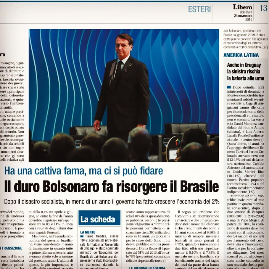 Jornal italiano diz que Bolsonaro faz ressurgir o Brasil e destaca: "A fama é ruim, mas nele se pode confiar"