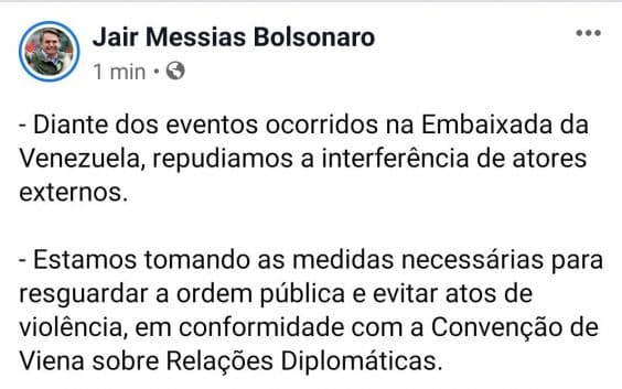 “Repudiamos a interferência de atores externos”, diz Bolsonaro, sobre atos na Embaixada da Venezuela no Brasil