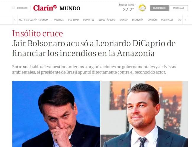 Bolsonaro acusa DiCaprio de financiar queimadas na Amazônia e imprensa mundial não perdoa