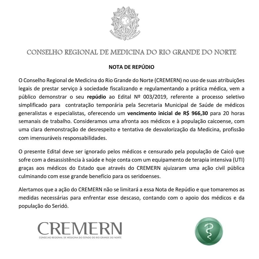 Cremern repudia salário proposto a médicos pela Prefeitura de Caicó em processo seletivo
