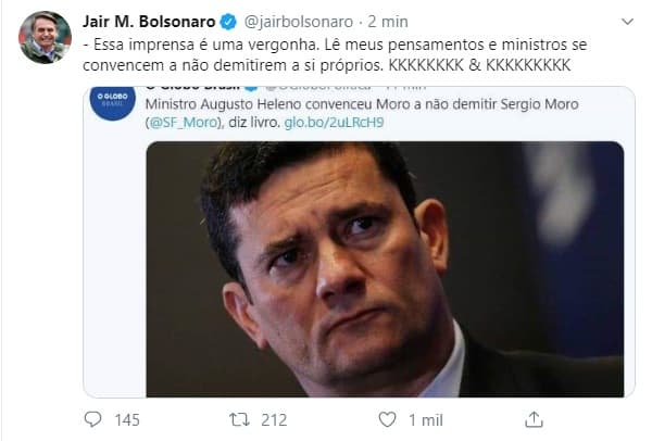 "Essa imprensa é uma vergonha. Lê meus pensamentos e ministros se convencem a não demitirem a si próprios", diz Bolsonaro, após mais uma especulação sobre Moro