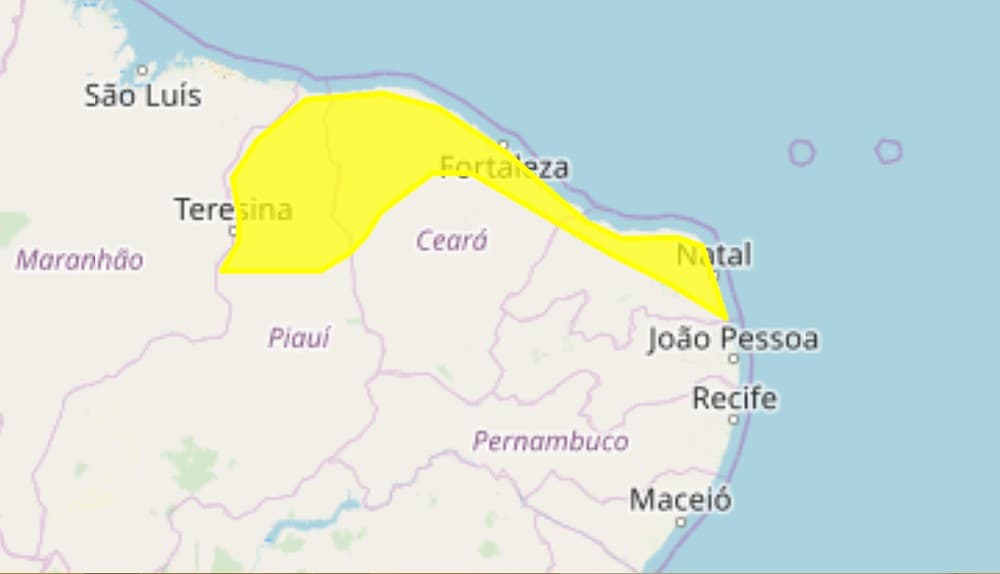 Instituto Nacional de Meteorologia emite alerta de chuva entre esta sexta e sábado com ‘perigo potencial' e ventos fortes em 73 municípios do RN