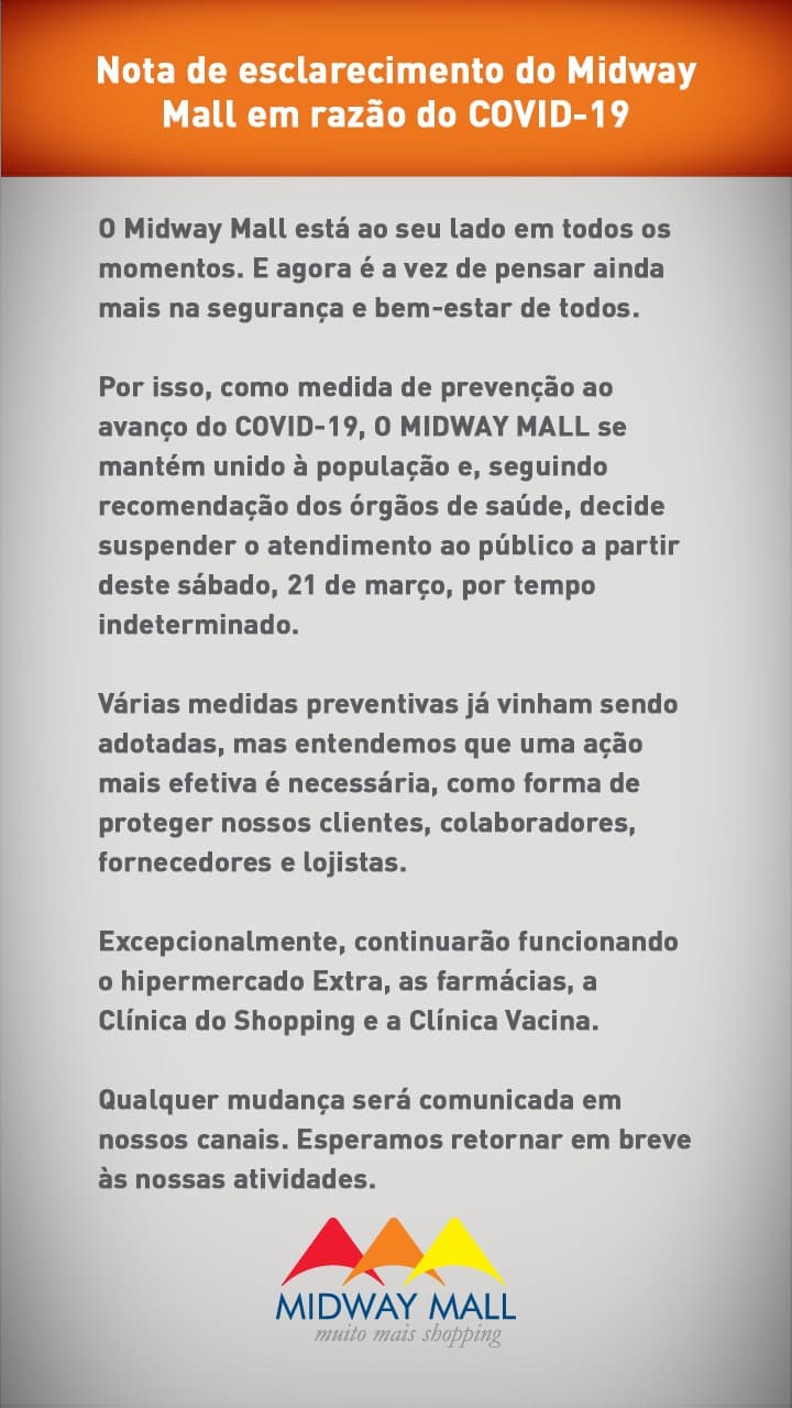 Midway Mall anuncia suspensão de atendimento ao público a partir deste sábado em prevenção ao coronavírus