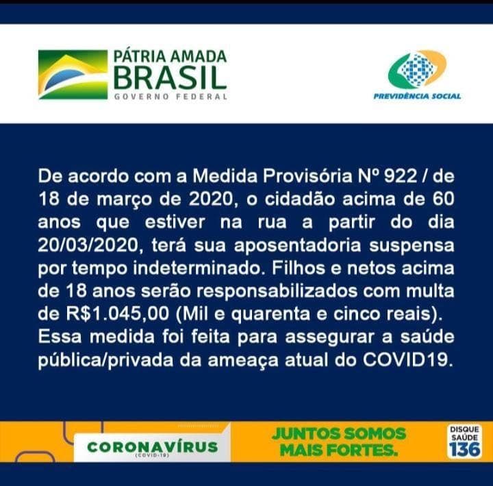 É falso que idosos que desrespeitarem isolamento da Covid-19 terão aposentadoria suspensa