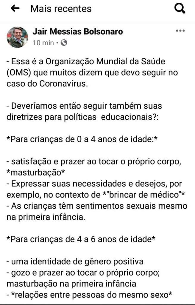 Bolsonaro diz que OMS incentiva masturbação e homossexualidade de crianças e apaga postagem