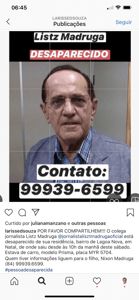 FOTO: Jornalista Listz Madruga está desaparecido. Família e amigos pedem ajuda