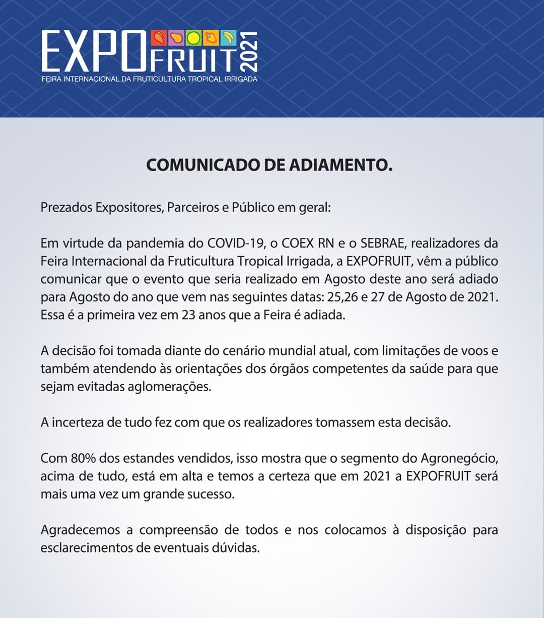 Comunicado de adiamento - Expofruit 2020