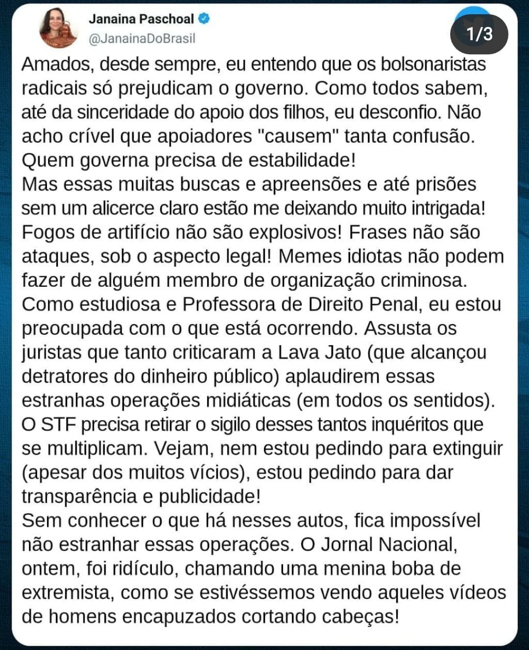 Janaina Paschoal diz estar intrigada com ações do STF com bolsonaristas, questiona "terrorismo" e critica Jornal Nacional