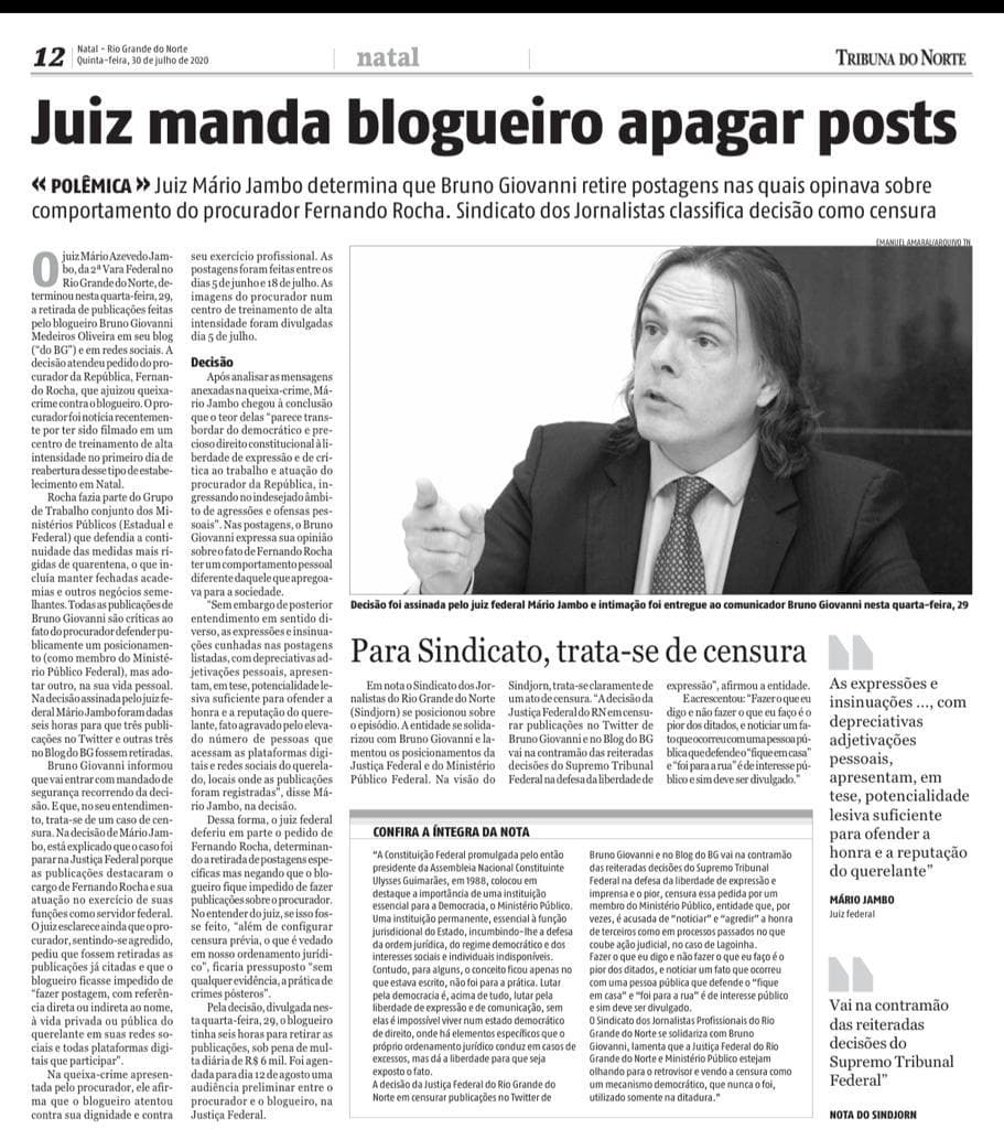 FOTOS: Imprensa potiguar repercute nesta quinta CENSURA ao comunicador Bruno Giovanni e ao Blog do BG
