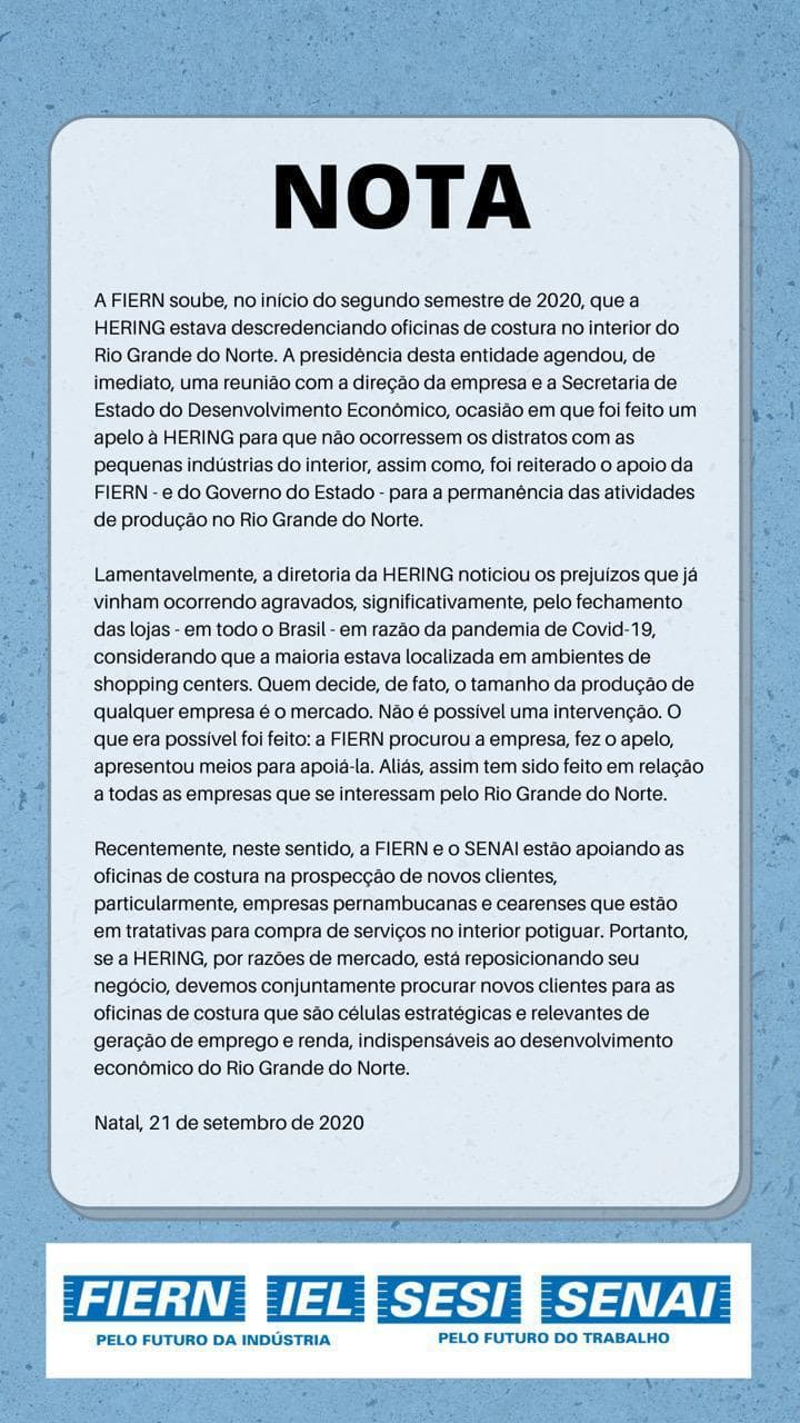 Fiern confirma decisão irreversível da Hering de deixar o RN