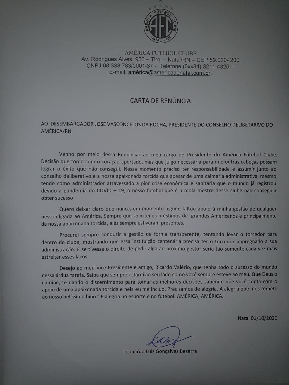 Leonardo Bezerra renuncia ao cargo de presidente do América