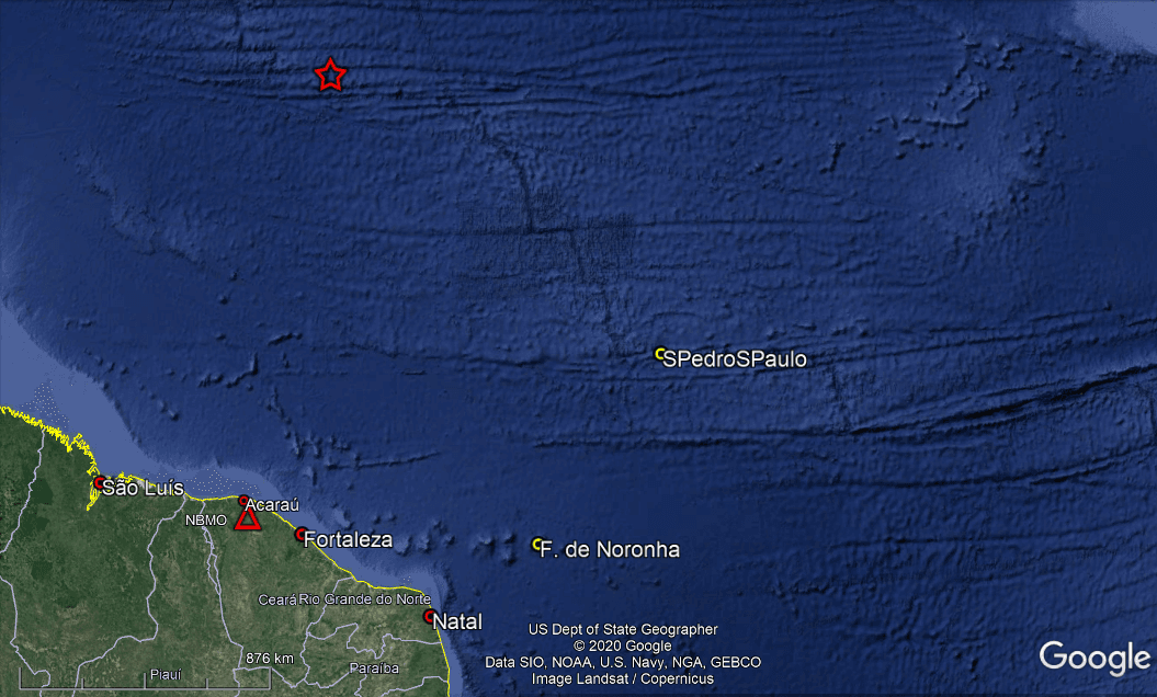 Novo tremor na dorsal meso-oceânica, de magnitude 5.0, é registrado a 1.560 km de Natal nesta sexta-feira