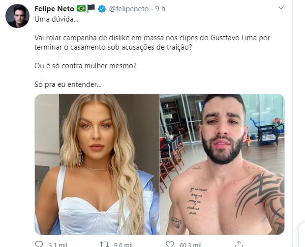 Felipe Neto pergunta se terá campanha contra Gusttavo Lima por boatos de traição e vira alvo de críticas