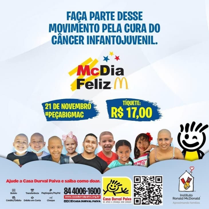 Campanha McDia Feliz acontece neste sábado, e recursos arrecadados em Natal irão beneficiar pacientes da Casa Durval Paiva