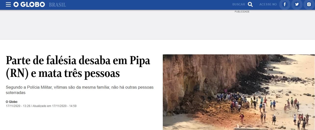DESABAMENTO DE PARTE DE FALÉSIA: Imprensa nacional noticia tragédia que matou família em Pipa