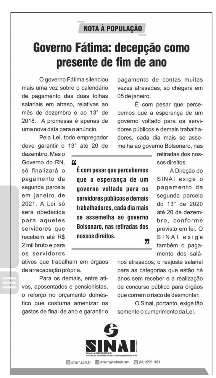 Sindicato diz que Fátima decepciona e o presente de Natal é não honrar o pagamento