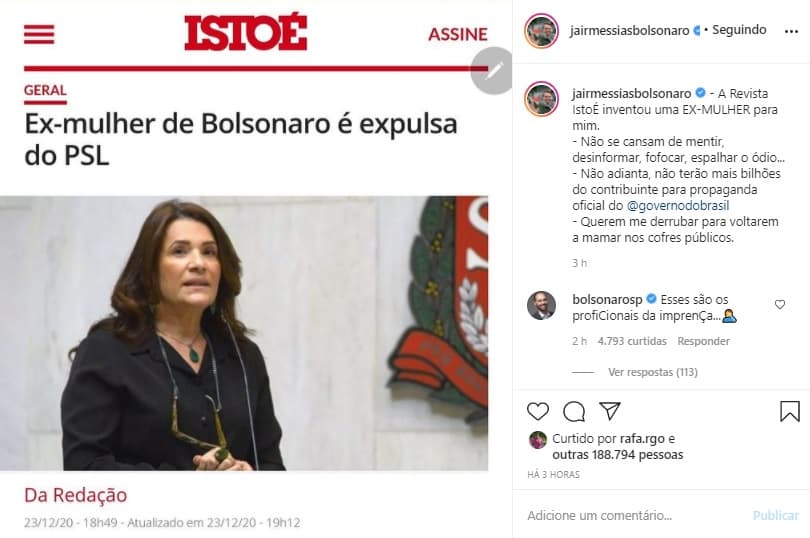 "A Revista IstoÉ inventou uma EX-MULHER para mim. Não se cansam de mentir, desinformar, fofocar, espalhar o ódio", diz Bolsonaro
