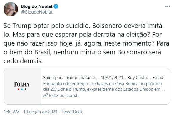 Revista Veja repudia declaração de Ricardo Noblat; Colunista disse que "se Trump optar pelo suicídio, Bolsonaro deveria imitá-lo"