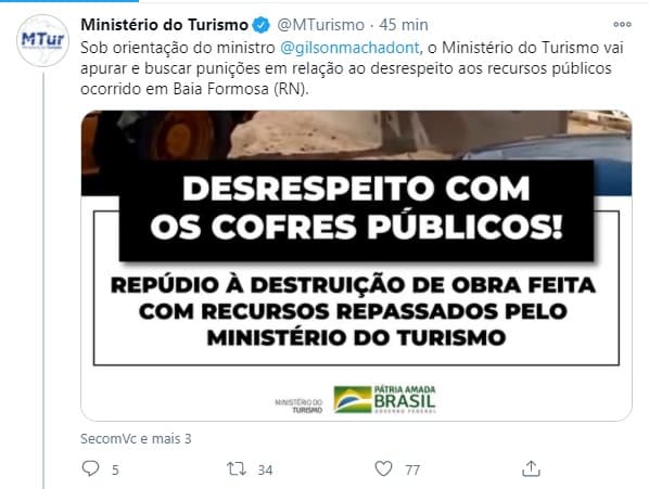 Ministro do Turismo determina apuração de destruição de obra em Baía Formosa-RN